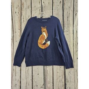 Karen Scott Fox Sweater Womens L Blue Orange Graphic Beaded Cotton Blend FA23